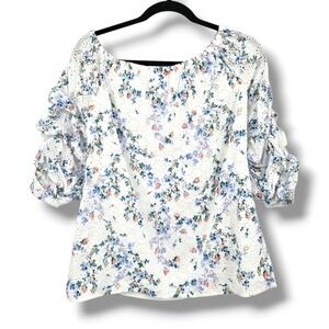 CeCe Floral Eyelet Off‎ Shoulder Top Ruched 3/4 Sleeve Blouse White Blue Pink